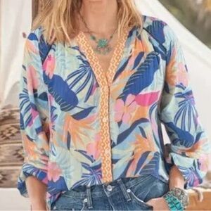 Sundance Floral Tropical Print V-Neck Women's Top - Blue/Pink/Peach size XL